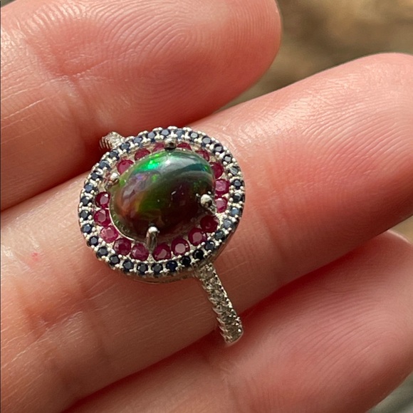 Black Opal, Ruby & Sapphire Ring in 925 Sterling Silver Size 6 CZ Accent - Picture 3 of 10